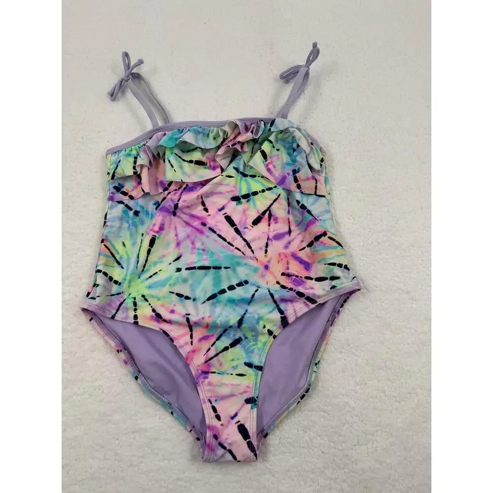 Wonder Nation Tie Dye Pattern Spaghetti Straps Ruffle Trim One Piece Swimsuit XL